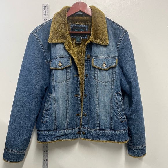 Faux Fur Lined Denim Jacket pacific rose Classic Vintage blue Jean women’s L Y2K - Picture 9 of 9